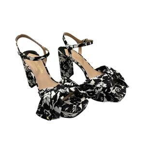 Kate Spade Lucie Tropical Foliage Silk Platform Heels Sandals Black White 6.5B